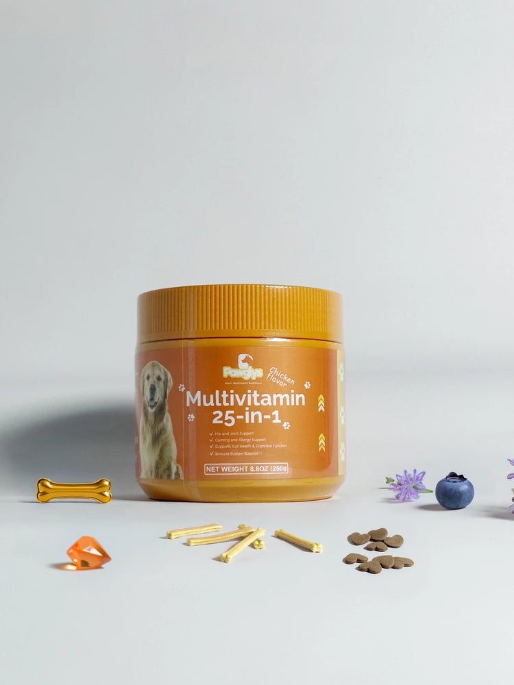 Pawglys supplements Multivitamin 25-in-1 container with dog treats and blueberry on white background