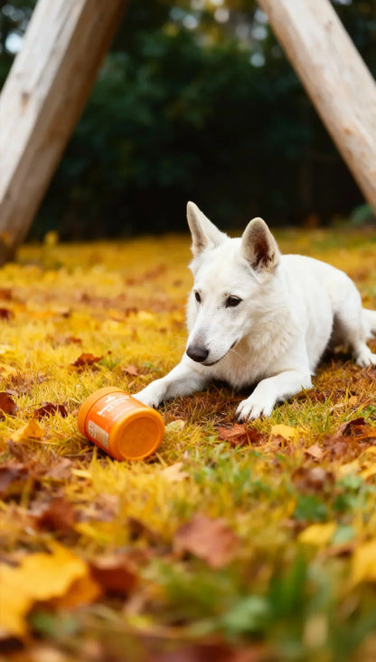 White dog lying on autumn leaves near Pawglys supplements orange container outdoors