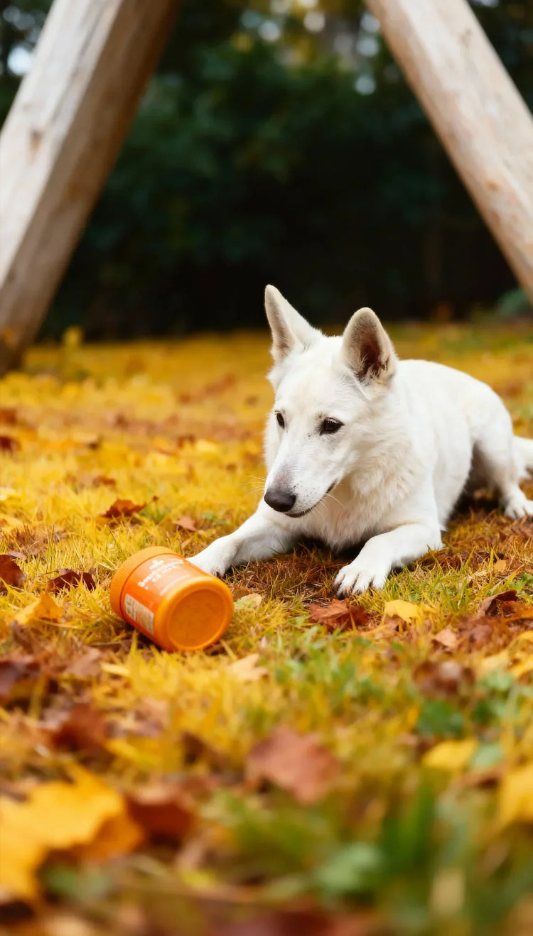 White dog lying on autumn leaves near Pawglys supplements orange container outdoors