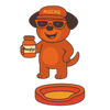 Cartoon character in orange outfit with jar and bowl on white background