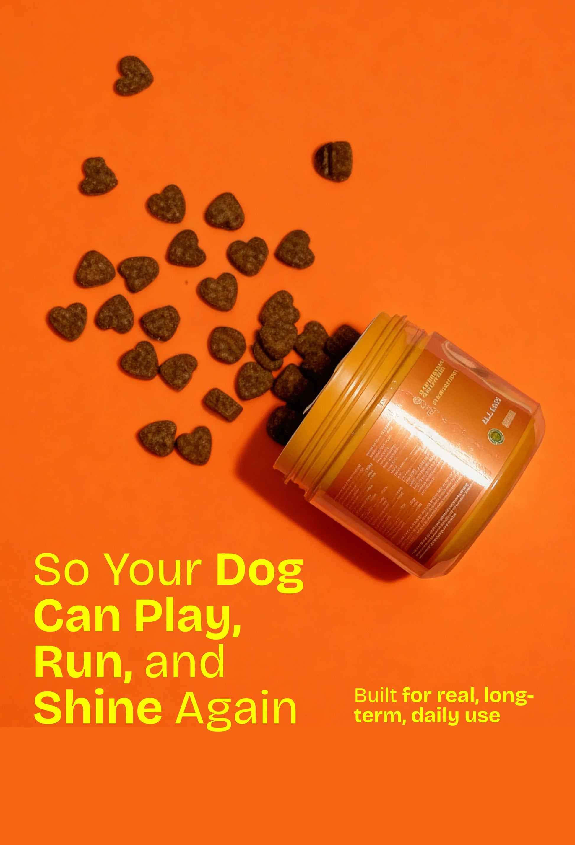 Pawglys supplements heart-shaped dog chews spilling from orange jar on orange background